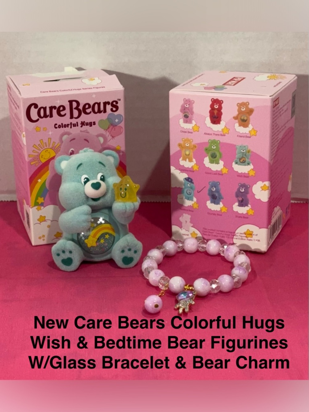 Care Bears Wish Bear & Bedtime Figurine in Light Teal W/Purple Beaded Bracelet